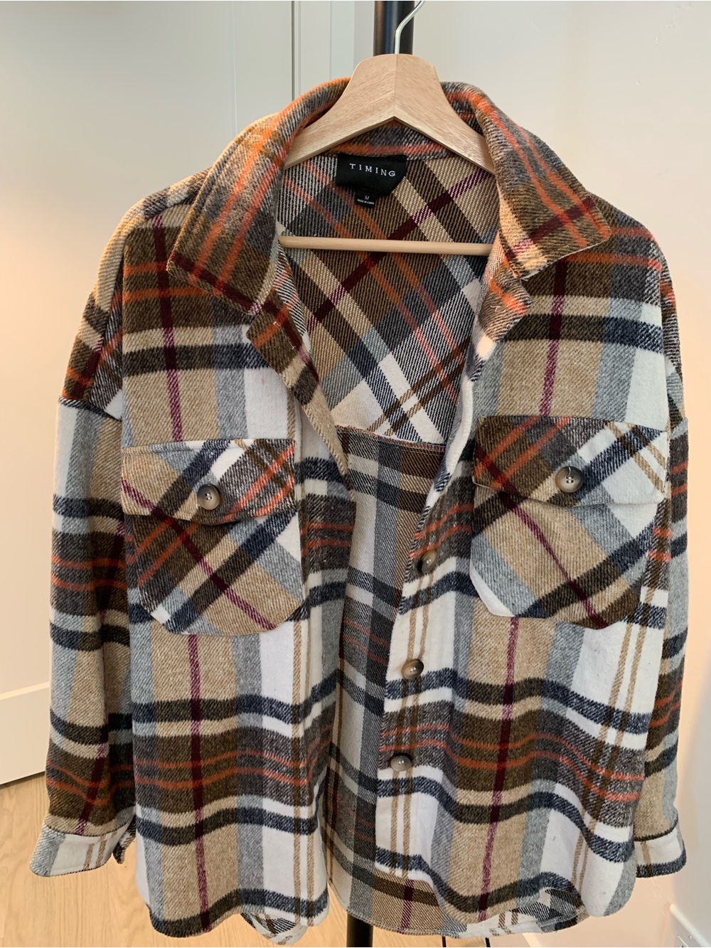 Timing Plaid Utility Shacket in Beige, Black & Rust Accents